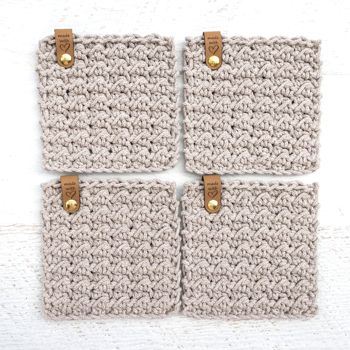 Crochet Kit: 4 Coasters + Leather Tags