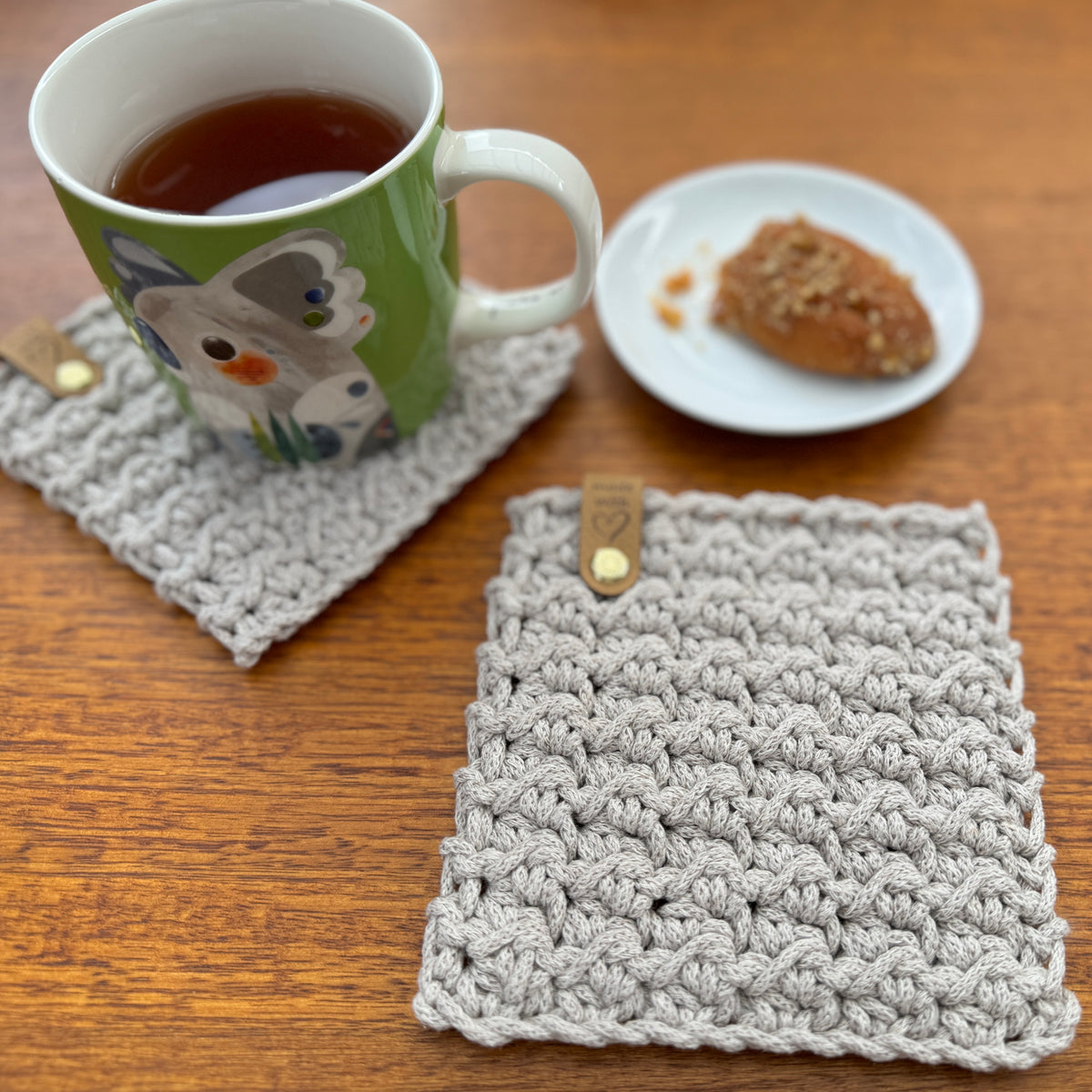 Crochet Kit: 4 Coasters + Leather Tags